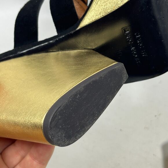 MARC BY MARC JACOB Sandals 40 Suede 5" Block Heels Platform Black Gold - Picture 11 of 16
